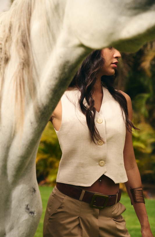 Cropped Vest - Beige Linen